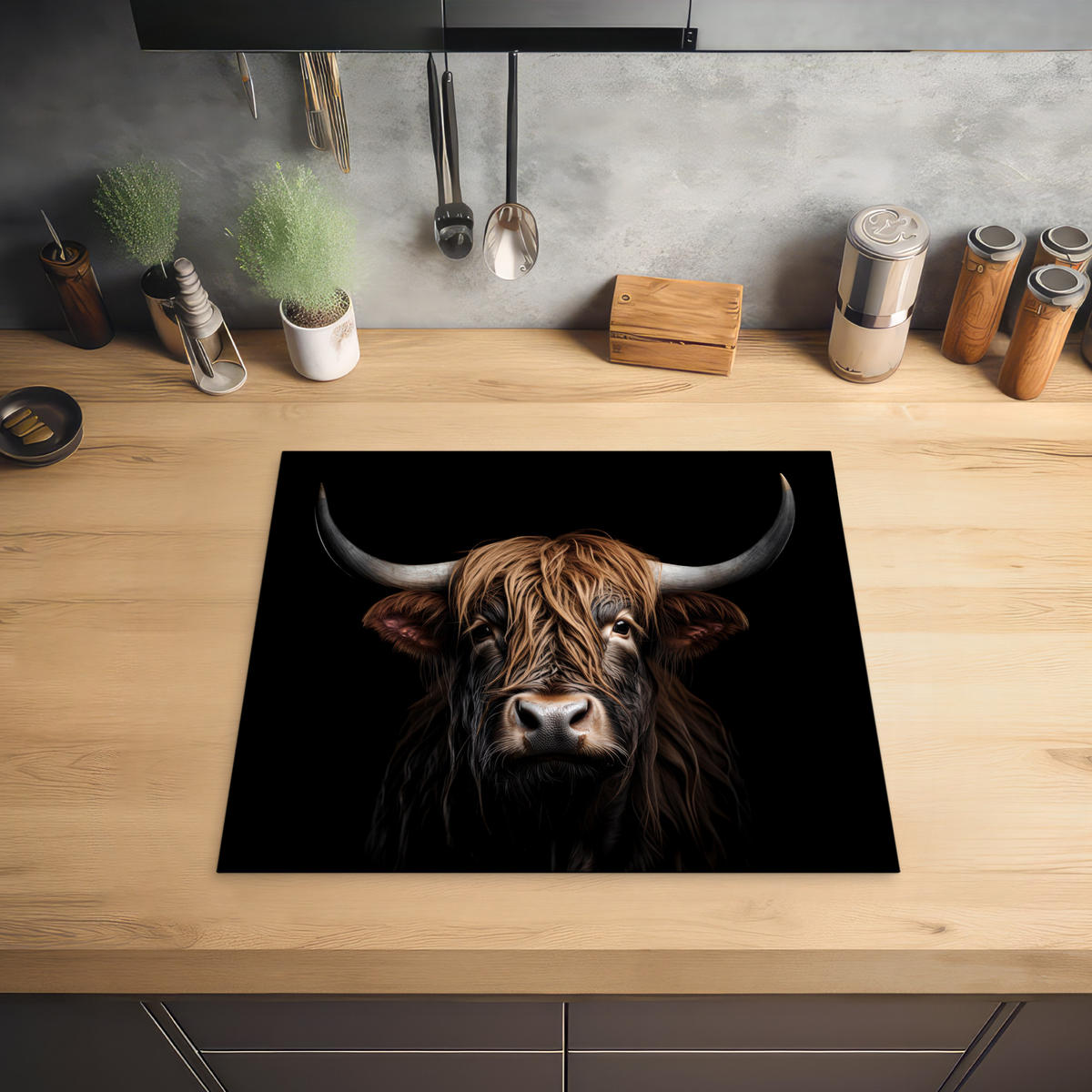 HERABDECKPLATTE - Schottischer Highlander - Porträt - Schwarz - Tier - 60x50 - Braun, Kunststoff (60/50/0.2cm) - MuchoWow