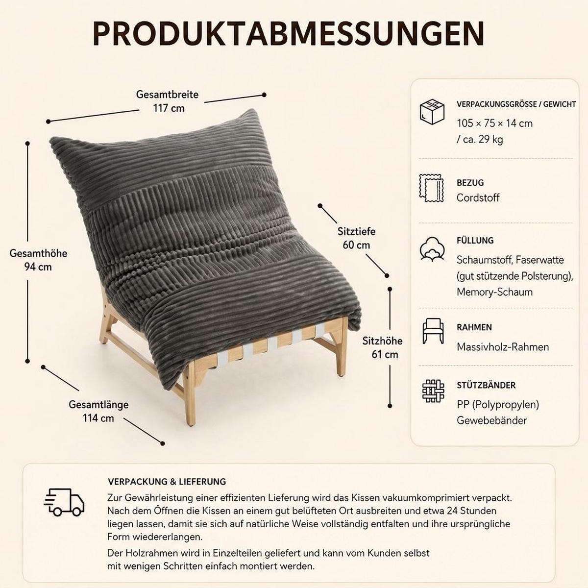 XXL-SESSEL Cord mit Holzrahmen, Breites Kissen, Grau - Grau, Holz/Textil (117/94/114cm) - LVHOM