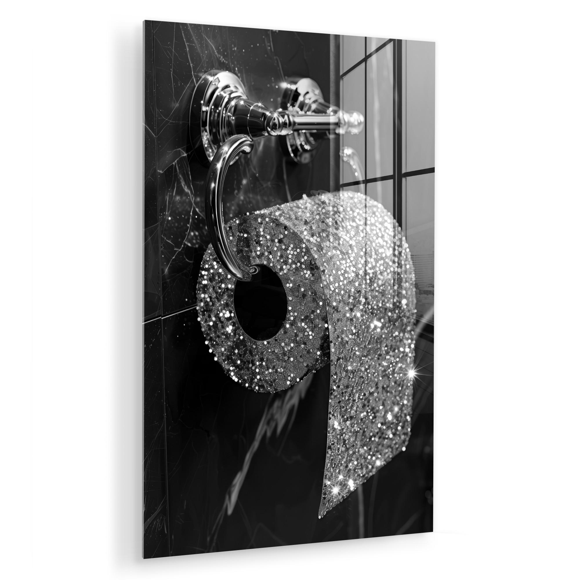 ACRYLGLASBILD WC - Toilettenpapier - Schwarz und weiß - Glitter 60x90 cm - Silberfarben, Glas (60/90cm) - MuchoWow