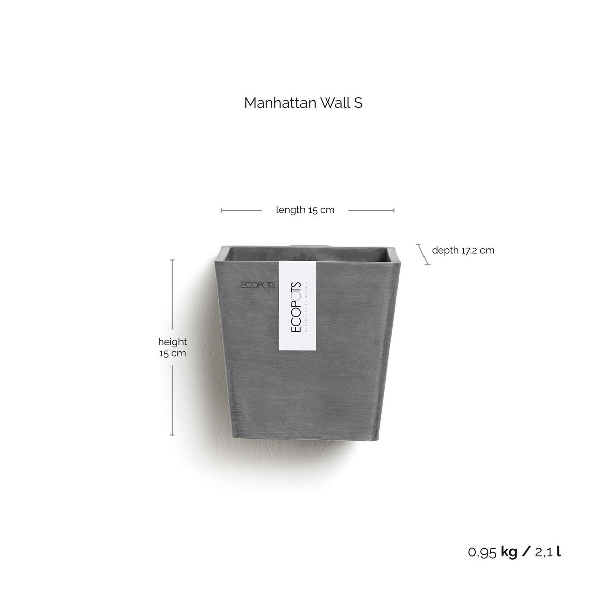 BLUMENTOPF Manhattan Wall 15/17,2/15 cm Grau - Grau, Kunststoff (15/15cm) - Ecopots