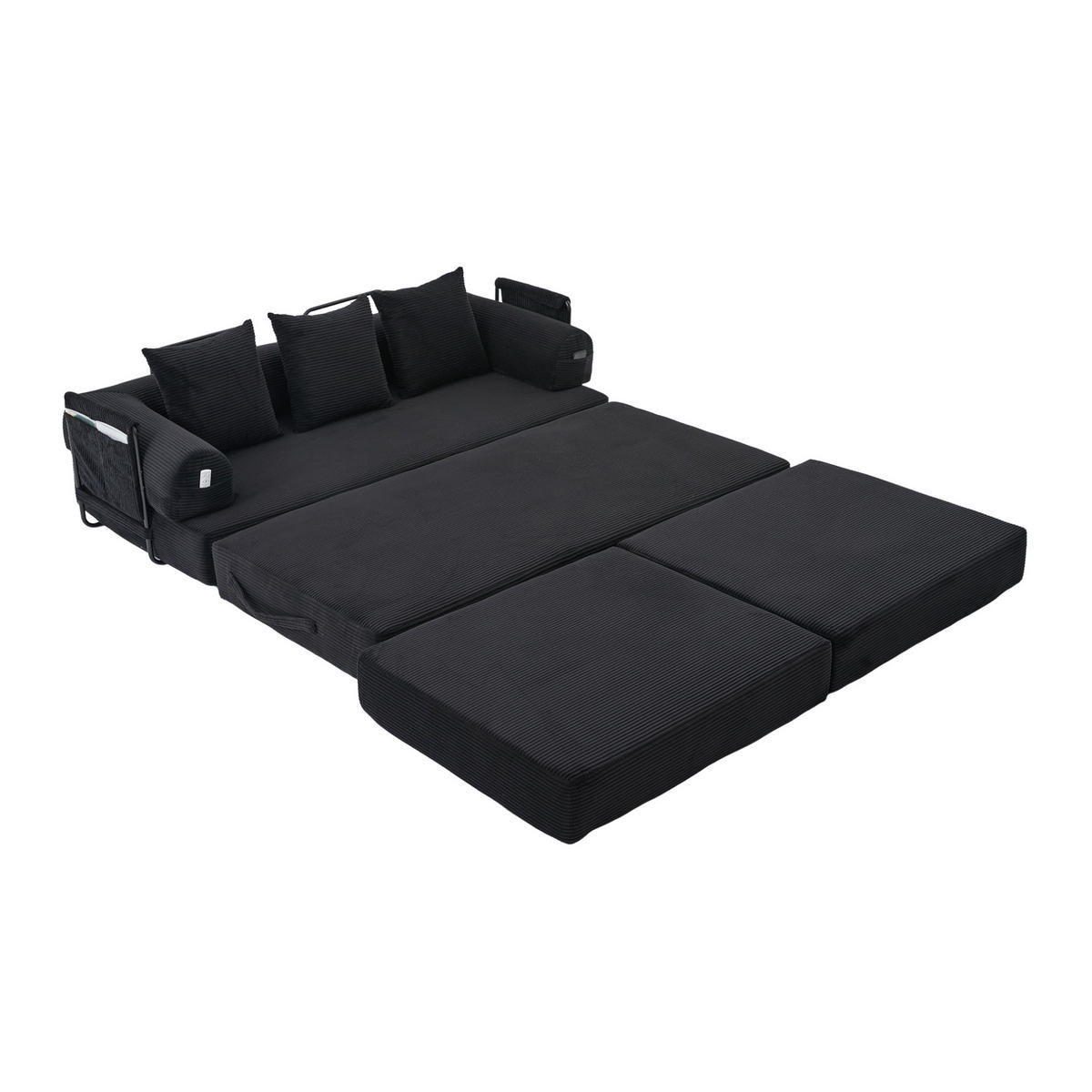 ECKSOFA aus Cord 200x190x67 cm Schwarz mit Hocker, Seitentasche und 3 Kissen - Schwarz, Textil (200/190cm) - Modfu