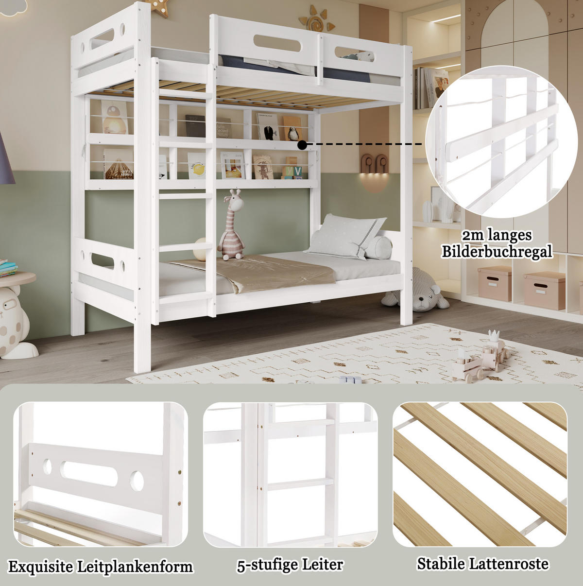 POSCHODOVÁ posteľ 90/200 cm biela/prírodná s otvoreným regálom a 5-stupňovým rebríkom z masívneho dreva a MDF - biela, drevo (90/200cm) - OKWISH