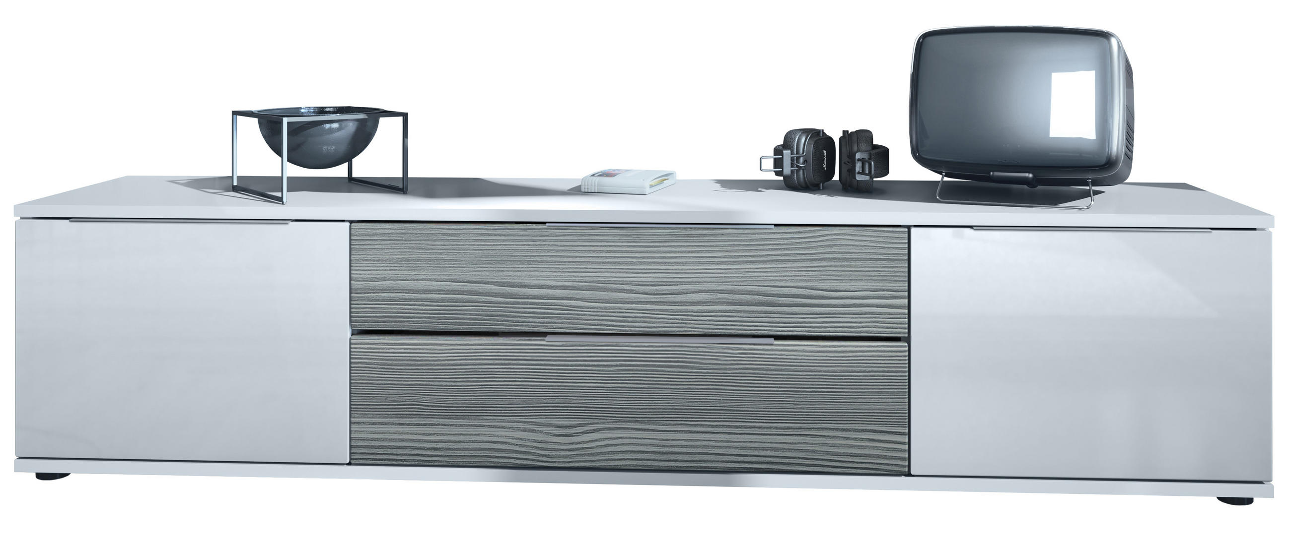 Vladon Lowboard Weiß Hochglanz, Anthrazit, Hellgrau 166.5x37.5x35 cm