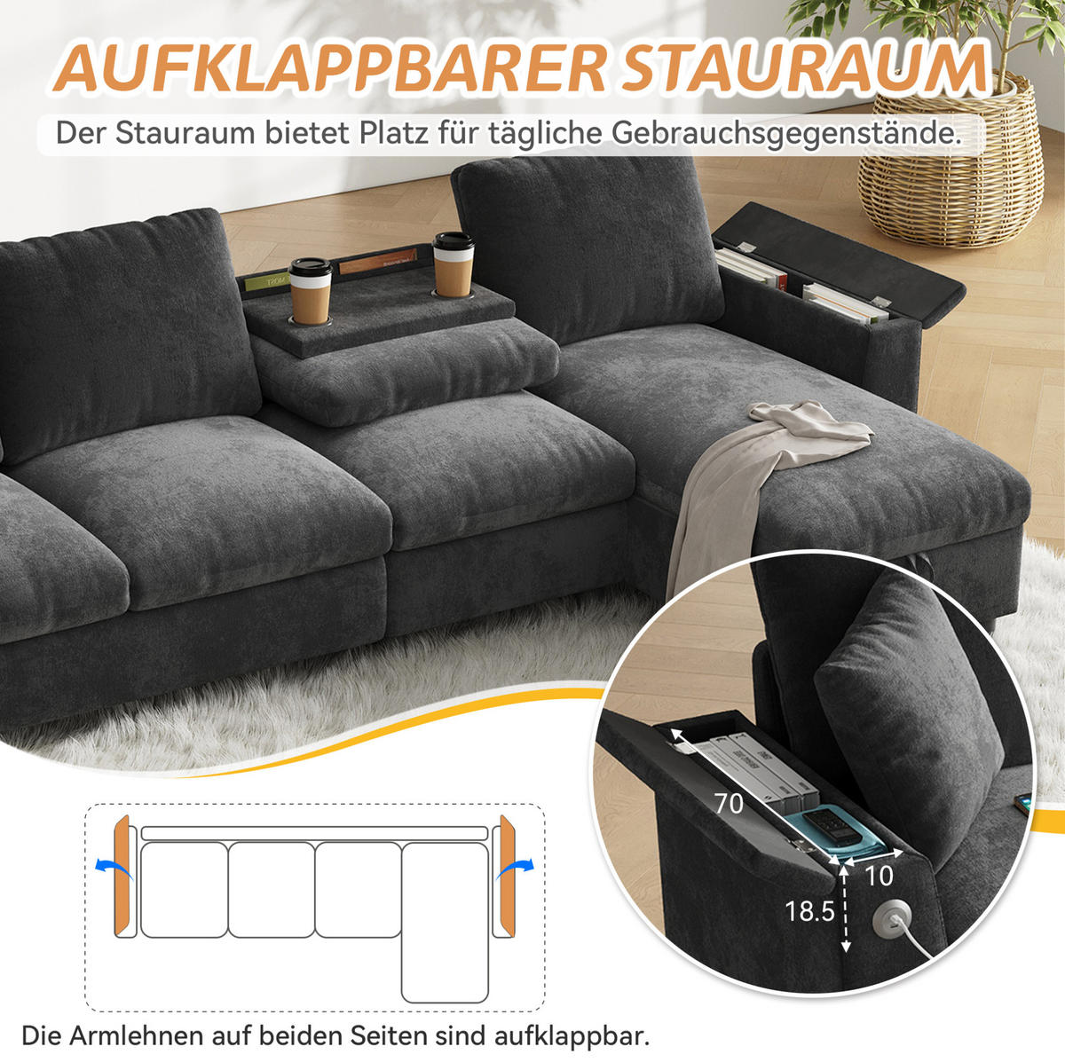 ECKSOFA 280/137/84 cm aus Chenille mit Schlaffunktion und Stauraum Grau - Grau, Textil (137/280cm) - Modenvie