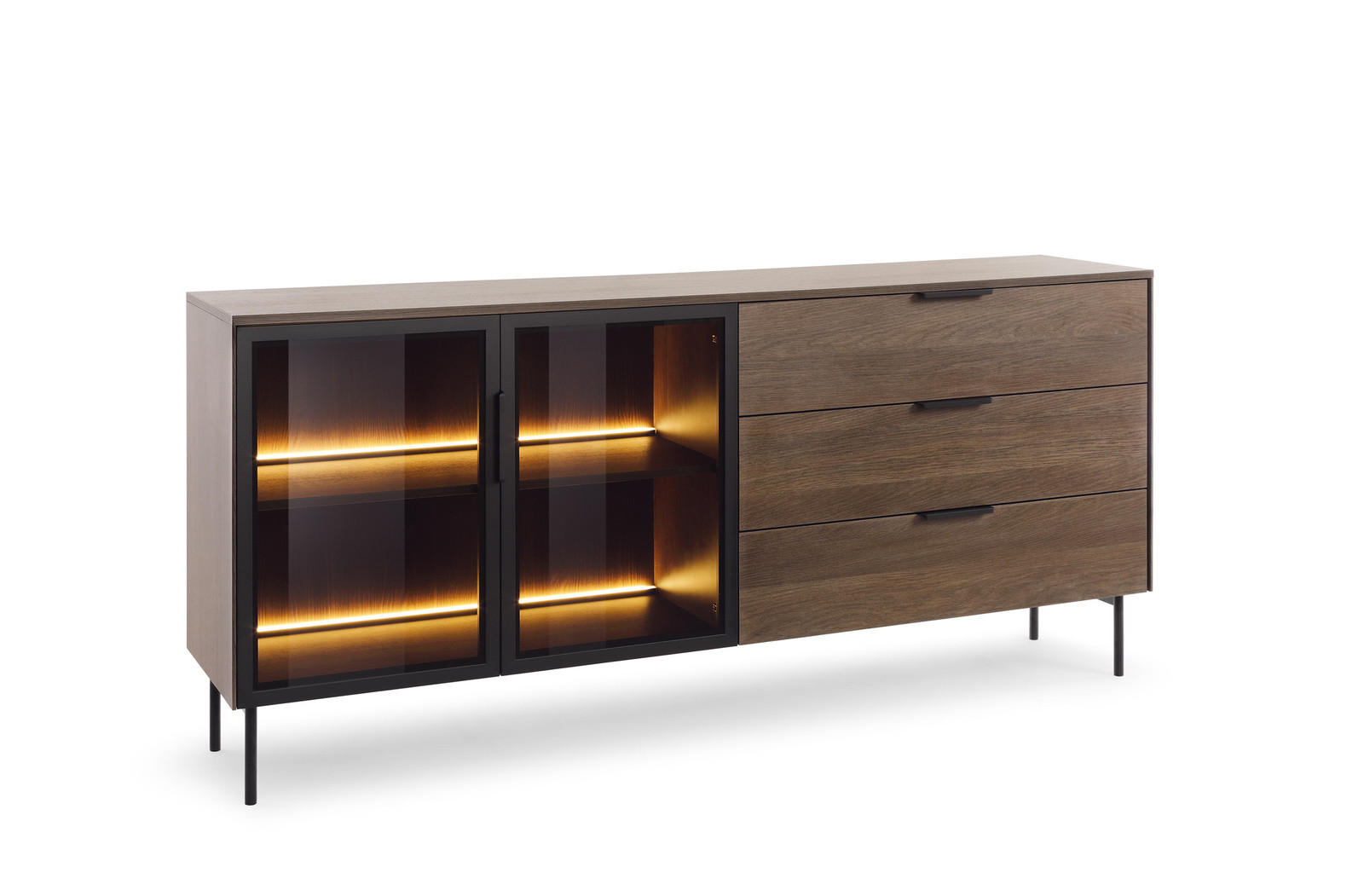 SIDEBOARD LUMI 181 cm Eiche Dunin - mit 2 Glastüren (links) und 3 Schubladen (rechts) - Eichefarben/Schwarz, Holz/Holzwerkstoff (181/83/39cm) - Ravio