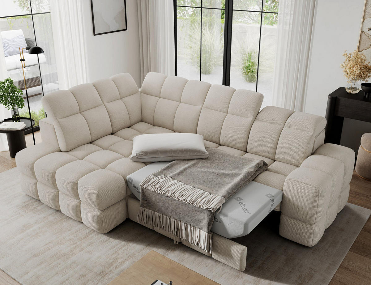 ECKSOFA Bronon mit Schlaffunktion und Bettkasten – Modernes Design, verstellbare Kopfstützen und verschiebbare Rückenlehnen - Beige, Kunststoff (296/109cm) - Wohnideebilder
