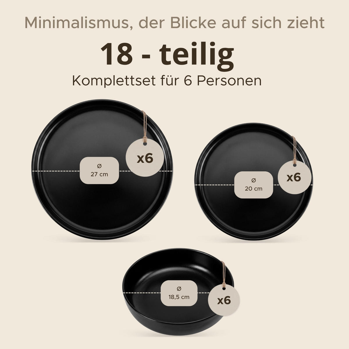 TAFELSERVICE VICTO 6 Personen 18-tlg Schwarz, Matte - Schwarz, Keramik (27/2/27cm) - KONSIMO®