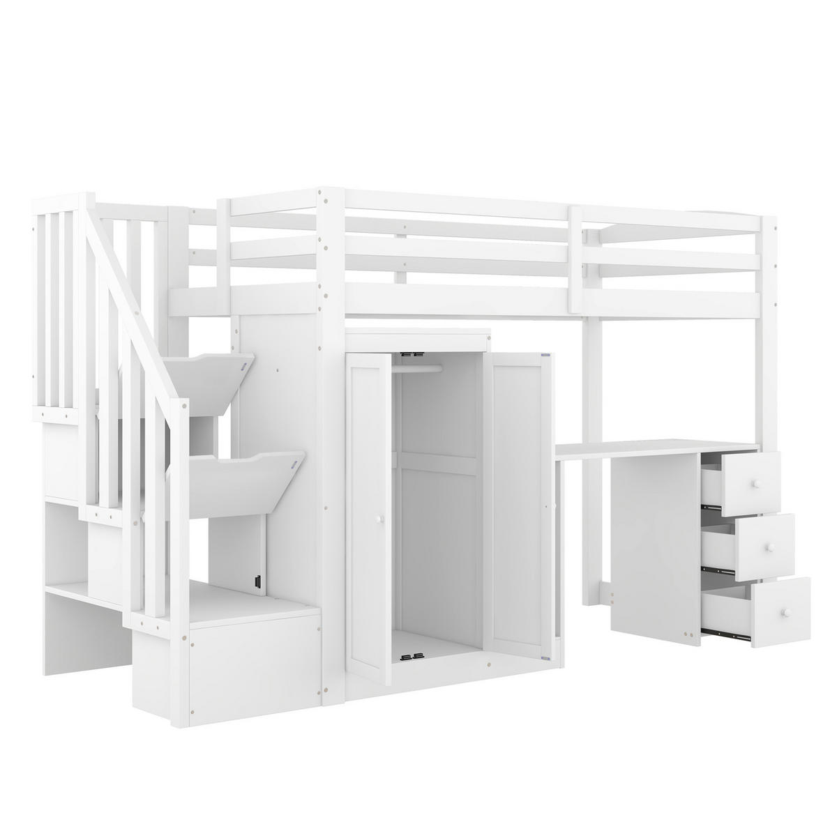 HOCHBETT 90/200 cm in Weiß mit Schreibtisch, Kleiderschrank und Stauraumtreppe - Weiß, Holzwerkstoff (90/200cm) - Flora Grace