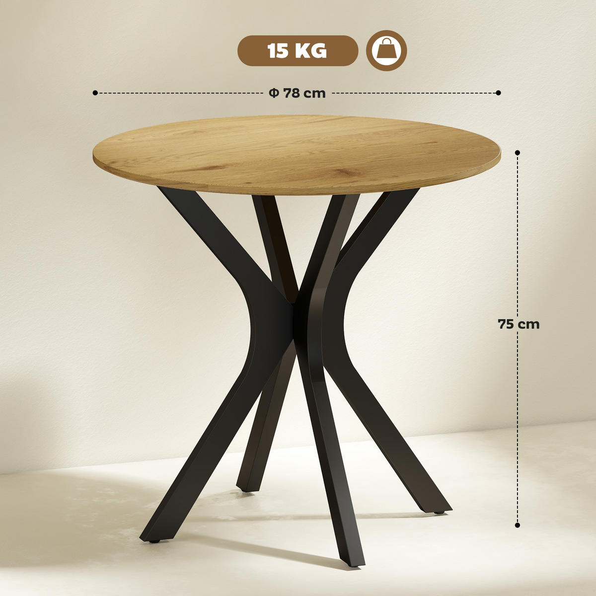 ESSTISCH, Runder Küchentisch, Moderner Esszimmertisch mit Spider-Stahlgestell - Hellbraun/Schwarz, Holzwerkstoff/Metall (78/78/75cm) - HOMCOM