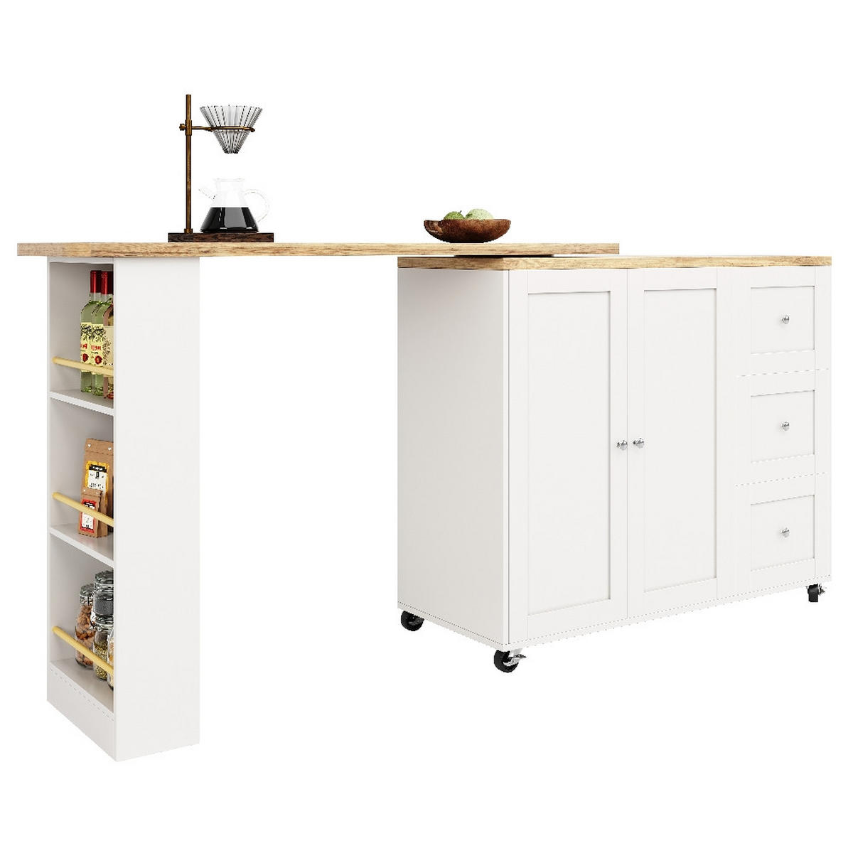 KÜCHENINSEL Stehtisch DREHBAR, Kücheninsel mit Rollen, 3 Schubladen, MDF Weiß, Küche und Wohnzimmer, 203/39/104 cm - Weiß, Kunststoff (39/106/203cm) - Rolipo