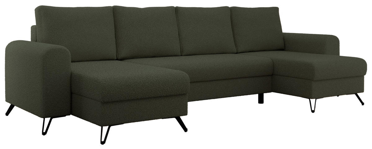 WOHNLANDSCHAFT AXEL U Boucle Grün - Schwarz/Grün, Textil/Metall (312/90/140cm) - MKS