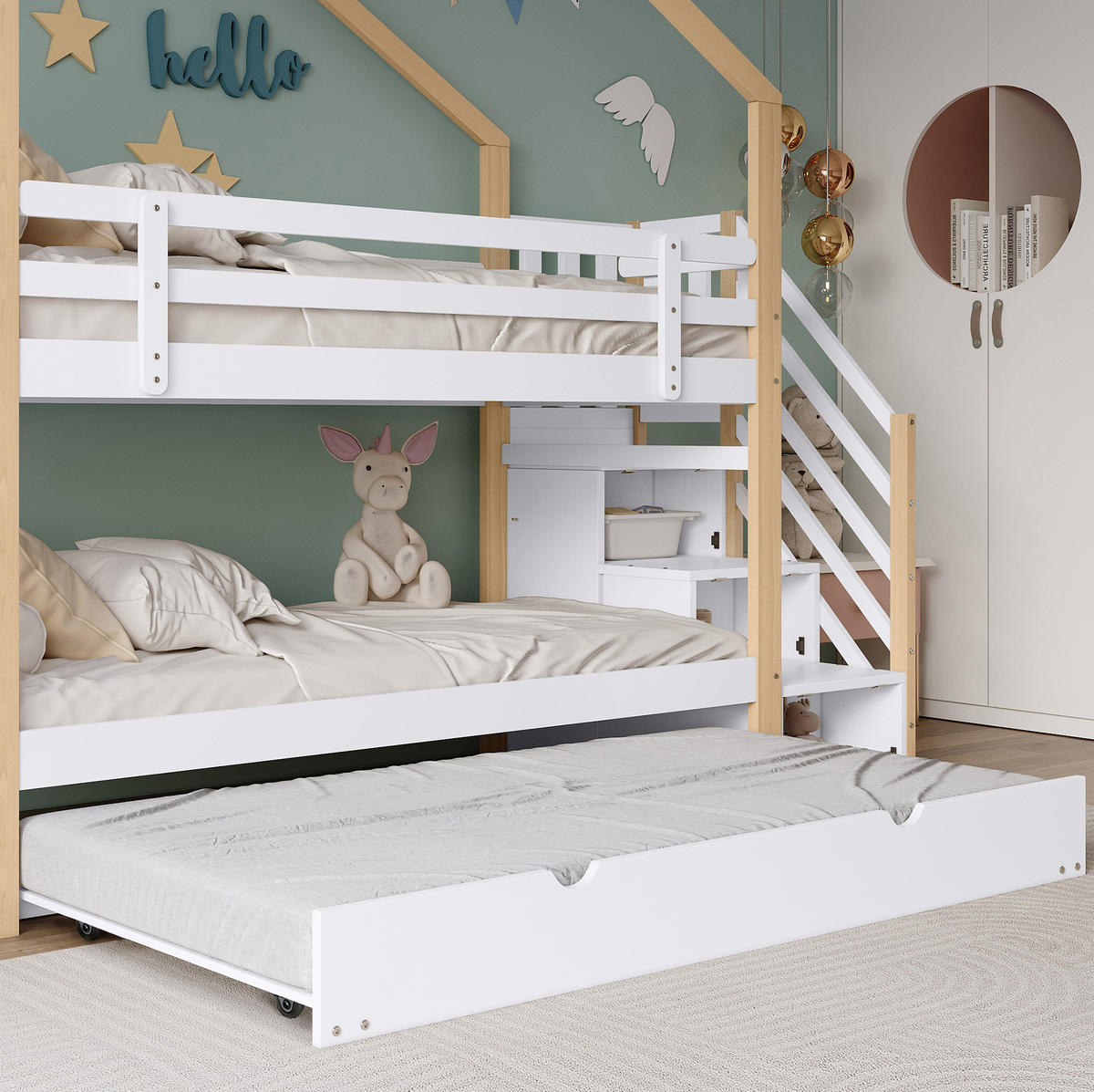 KATNI krevet od masivnog drva i MDF-a 90x200 cm bijela i natur s izvlačivim ležajem, stepenicama i ladicama - bijela, drvni materijal (90/200cm) - Modfu