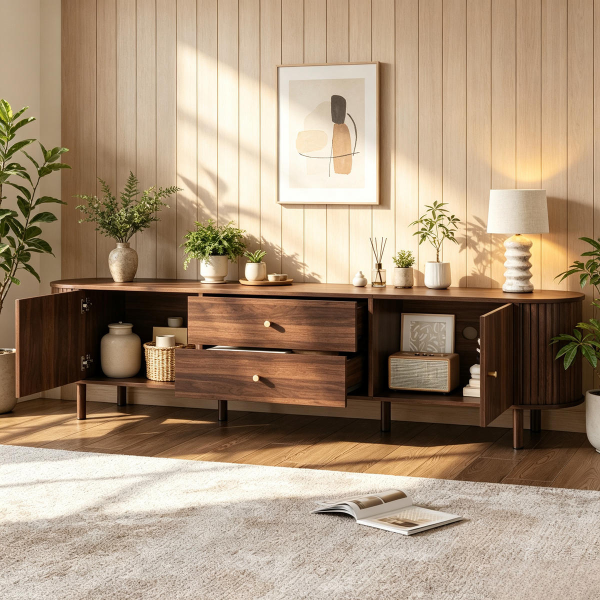 TV-ELEMENTLOWBOARD 180x40x58cm Holzoptik-Nussbaum mit Schiebetüren und Schubladen - Walnussfarben, Holz (46.51/18.01/75.79cm) - Raelunyi