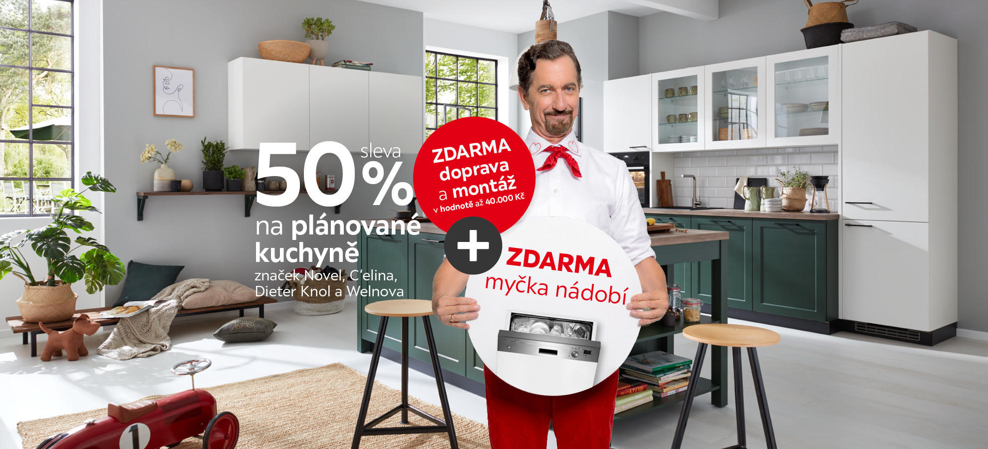 50 % na plánované kuchyně + myčka nádobí + doprava a montáž zdarma