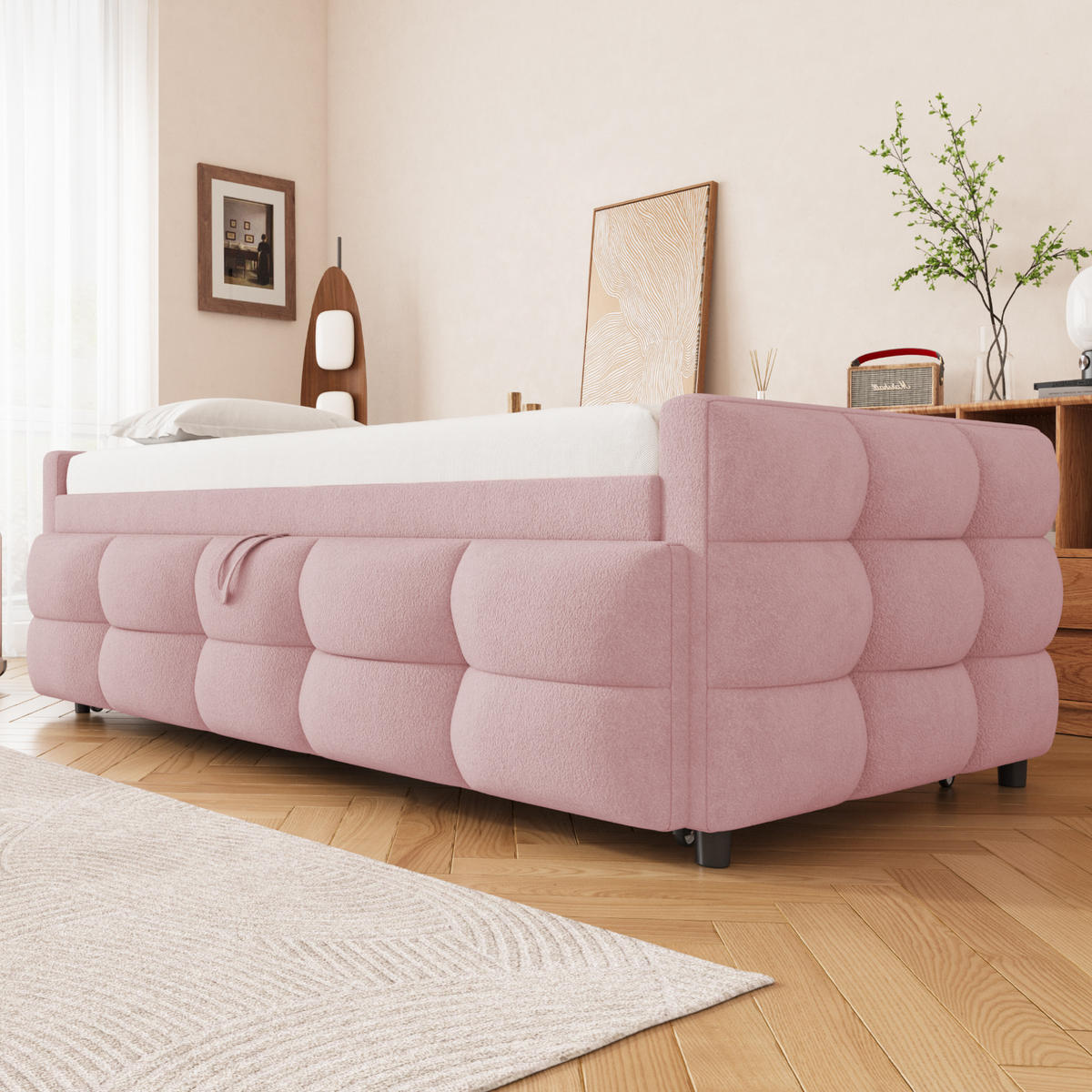 POLSTERBETT 90/180x190 Rosa Teddy Samt Ausziehbar - Pink, Textil (180/190cm) - FLIEKS