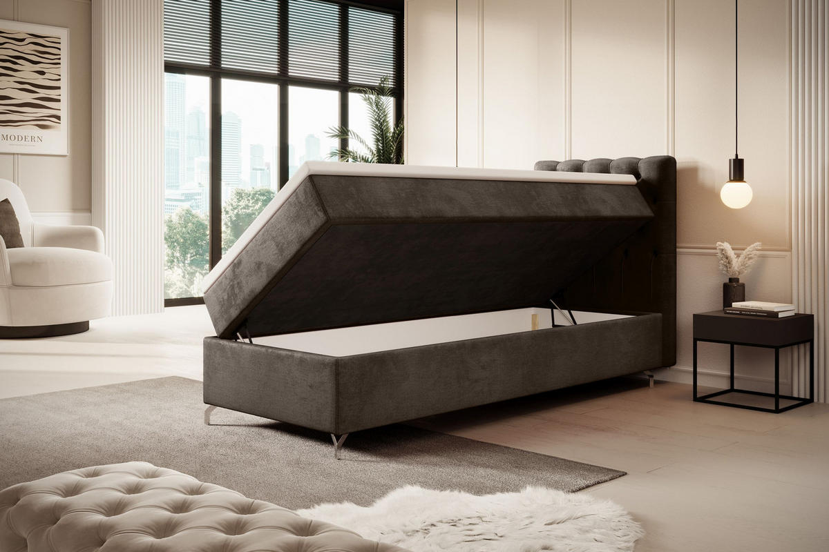 BOXBETT CHESTER mit Matratze H3, Bonell und Topper 90x200 Monolith 15 Rechts - Braun, Textil (90/200cm) - Bedante