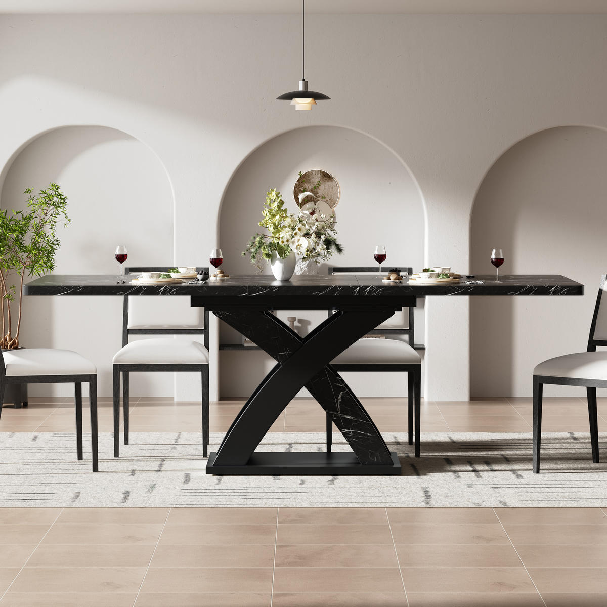 ESSTISCH 120-160x80x75 cm in Schwarz aus MDF auf X-Gestell aus Metall ausziehbar - Schwarz, Holzwerkstoff (160/80/75cm) - Modfu