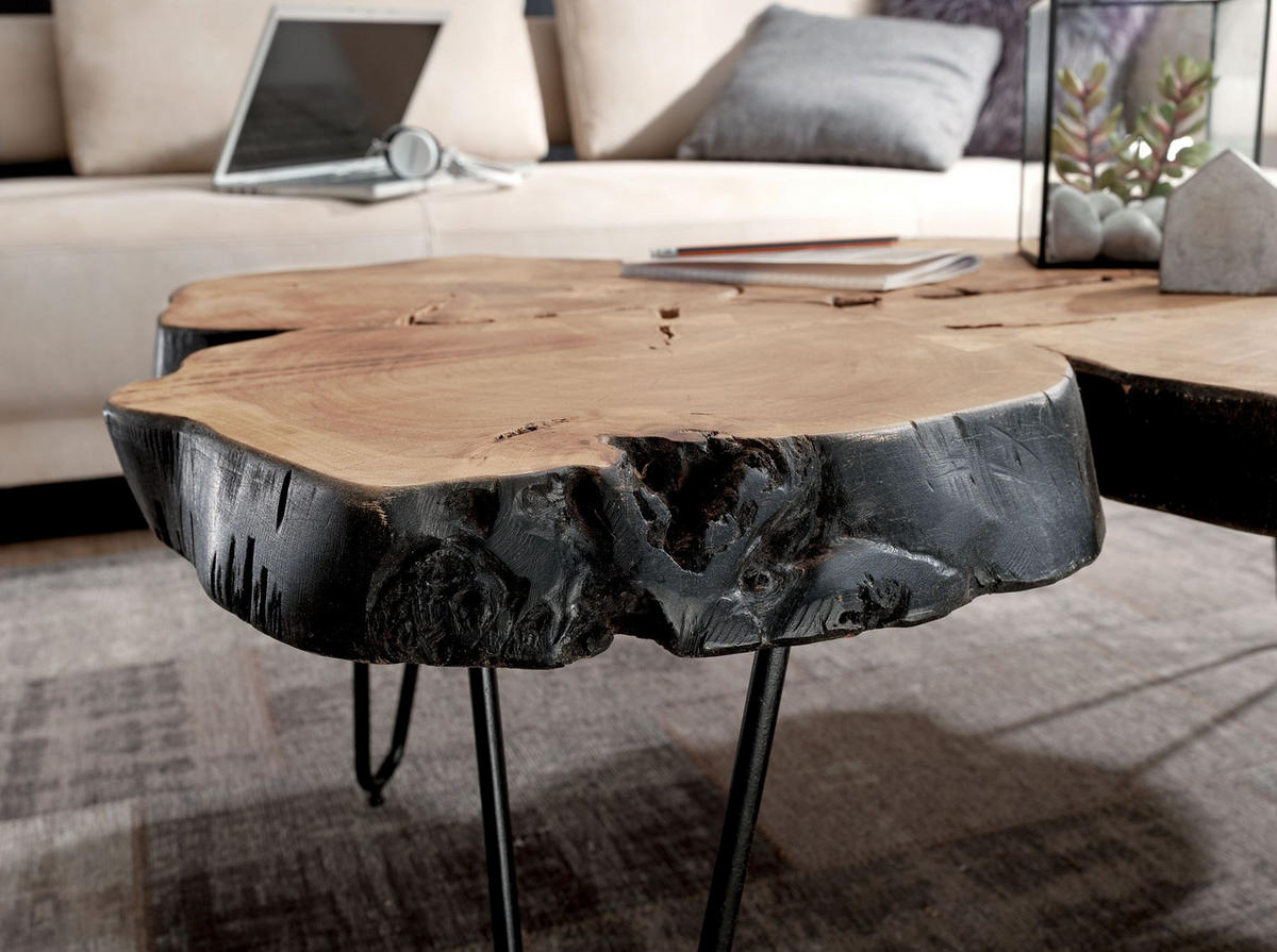 COUCHTISCH Akazienholz, Baumstammform, Große Abstellfläche, Handgefertigt, 115x70x40 cm - Beige/Schwarz, Holz/Metall (70/115/40cm) - KADIMA DESIGN