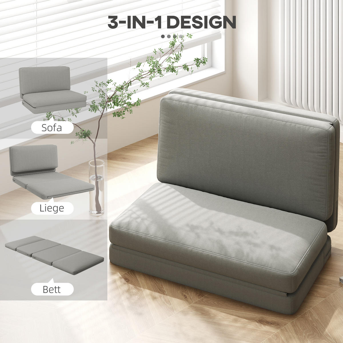 BODENSOFA 3-in-1 Klappbar Schlafsofa mit Samtoptik für Schlafzimmer, Wohnzimmer - Hellgrau, Textil (120/10/275cm) - HOMCOM