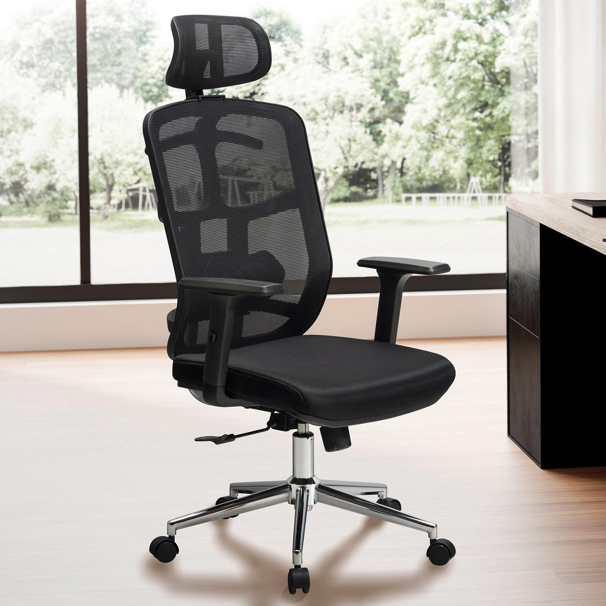 BÜRODREHSTUHL Schwarz Mesh mit Synchronmechanik, 3D-Armlehnen und Aluminiumfuß ALTAI - Silberfarben/Schwarz, Kunststoff/Textil (68/130/68cm) - KADIMA DESIGN