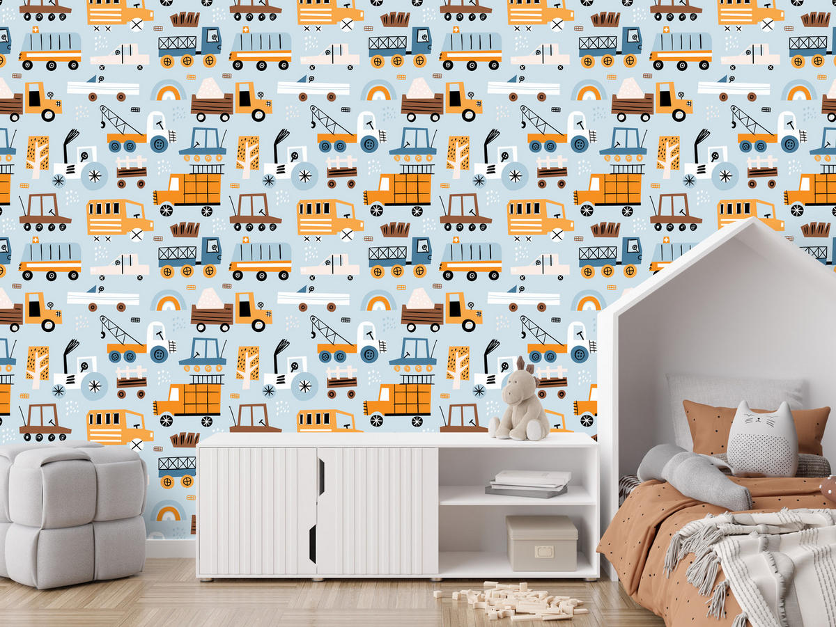 VLIESTAPETE Autos und Baustellenfahrzeuge – Orange, Blau, Grau – 50x1000 cm - Blau/Orange, Papier (50/1000cm) - Muralo
