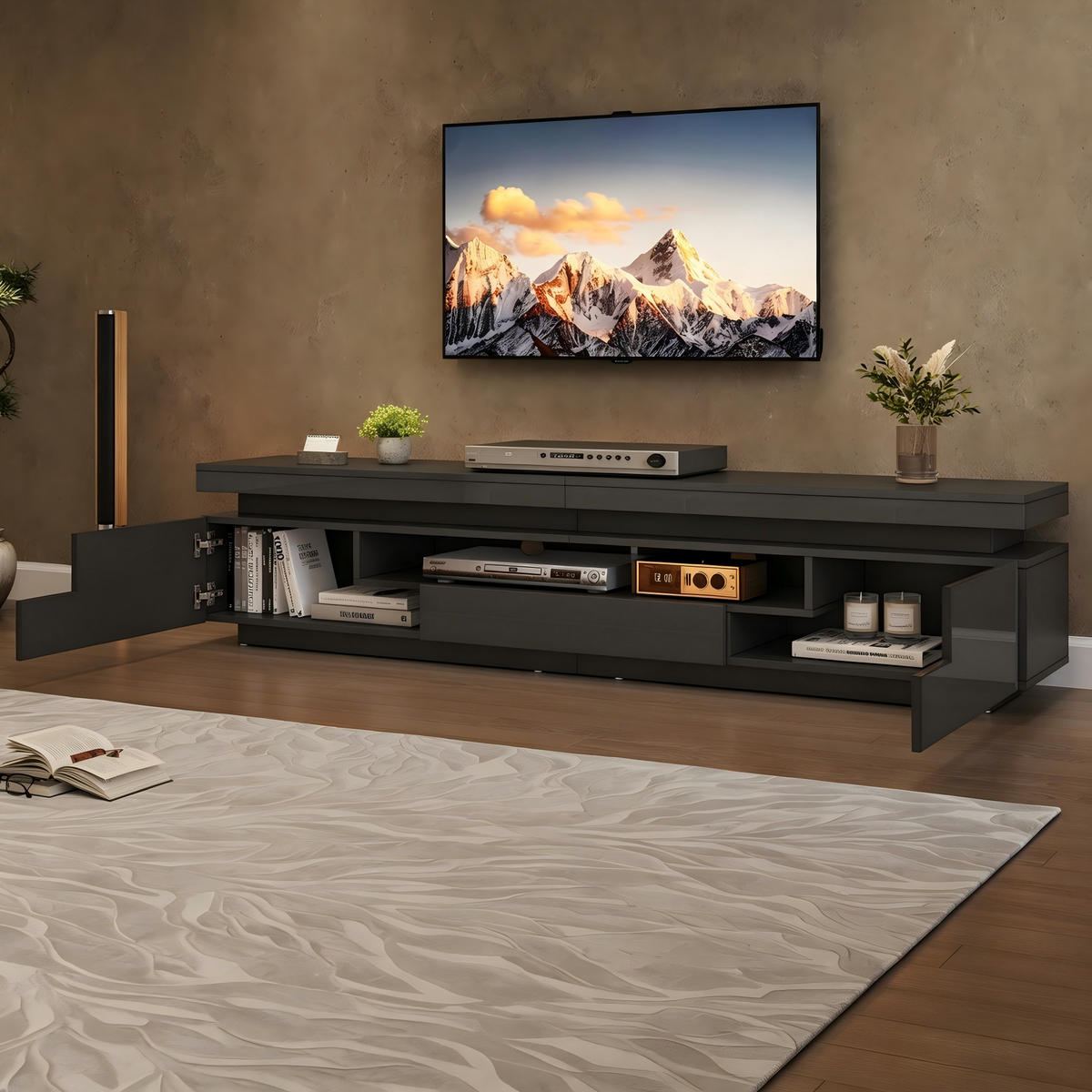 TV-ELEMENT 175/38/45 cm Hochglanz Schwarz mit LED-Beleuchtung und Stauraum - Schwarz, Holzwerkstoff (38/45/175cm) - Korfee