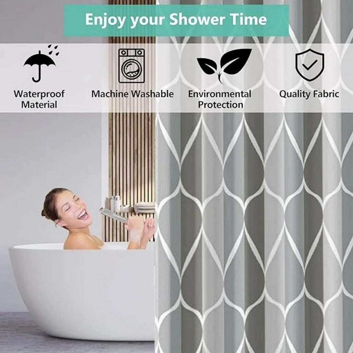 DUSCHVORHANG Grau Polyester schimmelresistent Stoff mit Haken - Grau, Textil (180/180cm) - MCBOSON