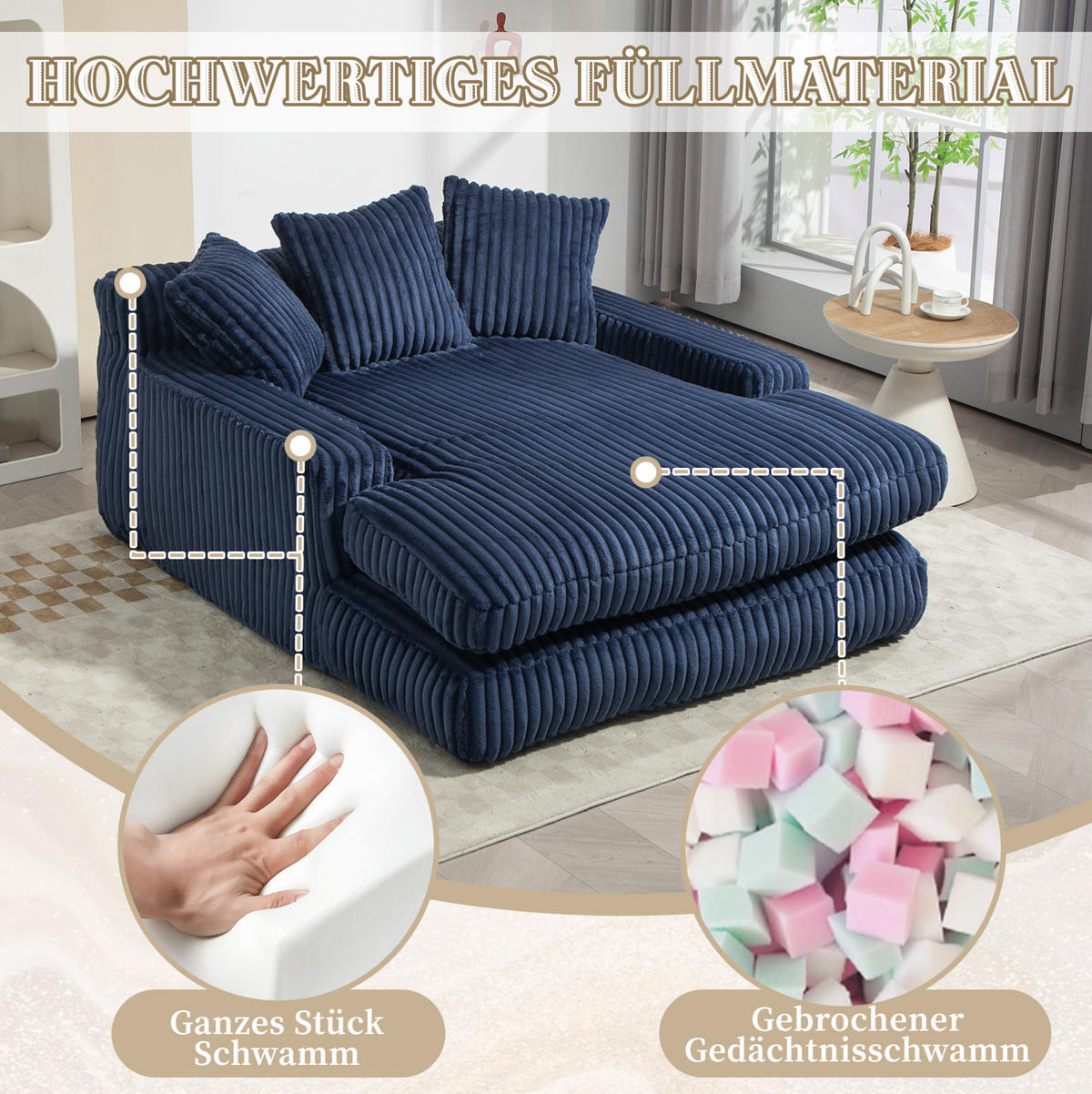 BIGSOFA 125/155/63 cm in Marineblau aus Cord mit Chaiselongue-Charakter - Dunkelblau, Textil (63/125/155cm) - BEAOK