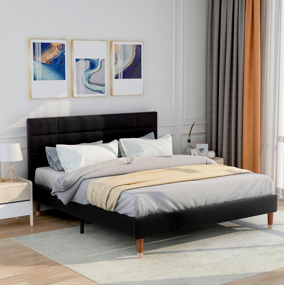 ČALOUNĚNÁ postel 140/200 cm černá z masivního dřeva s matrací a lamelovým roštem - černá, kompozitní dřevo (140/200cm) - OKWISH