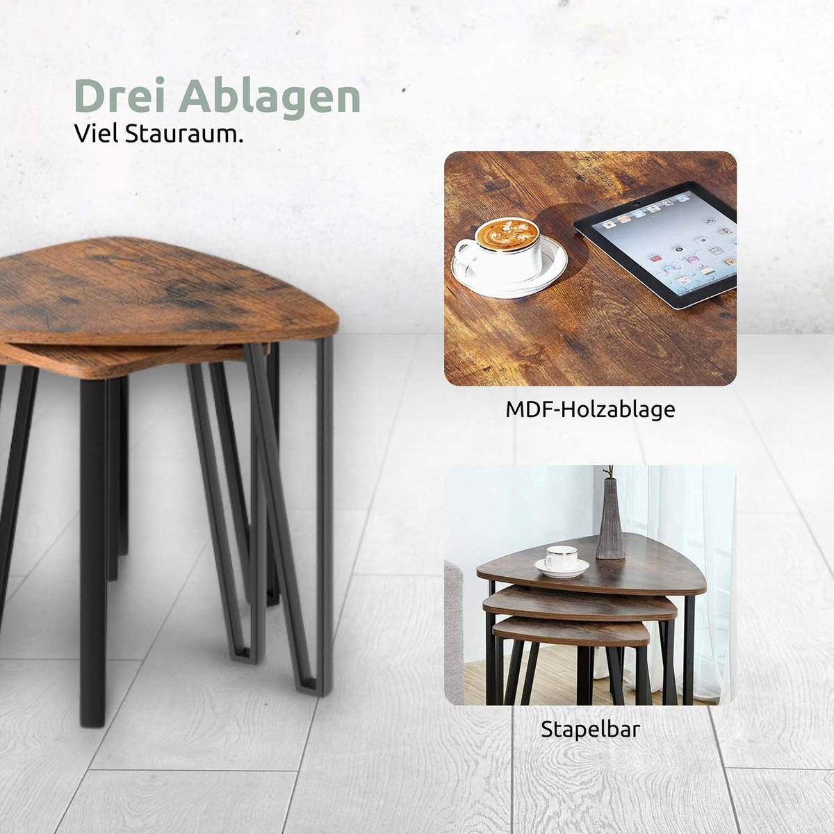 BEISTELLTISCH 3er Set Radon - Holzfarben / Metall - Schwarz/Naturfarben, Holzwerkstoff/Metall (58.6/58.6/45cm) - holz4home