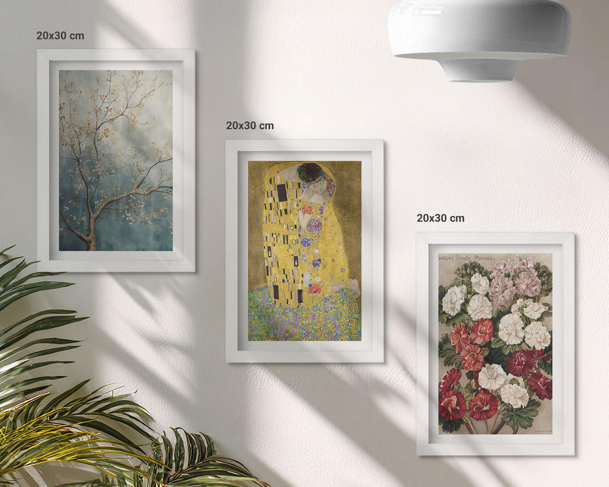 WANDBILDER 3er-Set - 20x30 cm Weißer Rahmen - Blumen des Baumes (Gemälde von Klimt) - Weiß, Kunststoff (20/30cm) - ArtPrintCave