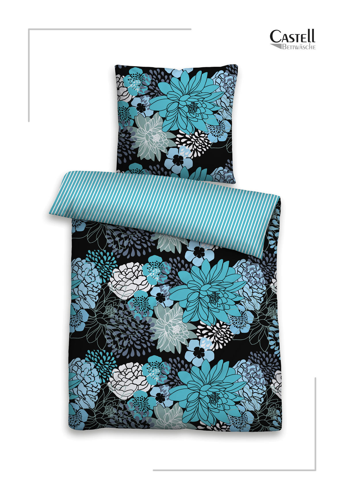 BETTWÄSCHE-GARNITUR Renforcé Blumen türkis, 135x200 cm + 80x80 cm - Türkis, Textil (135/200cm) - Castell