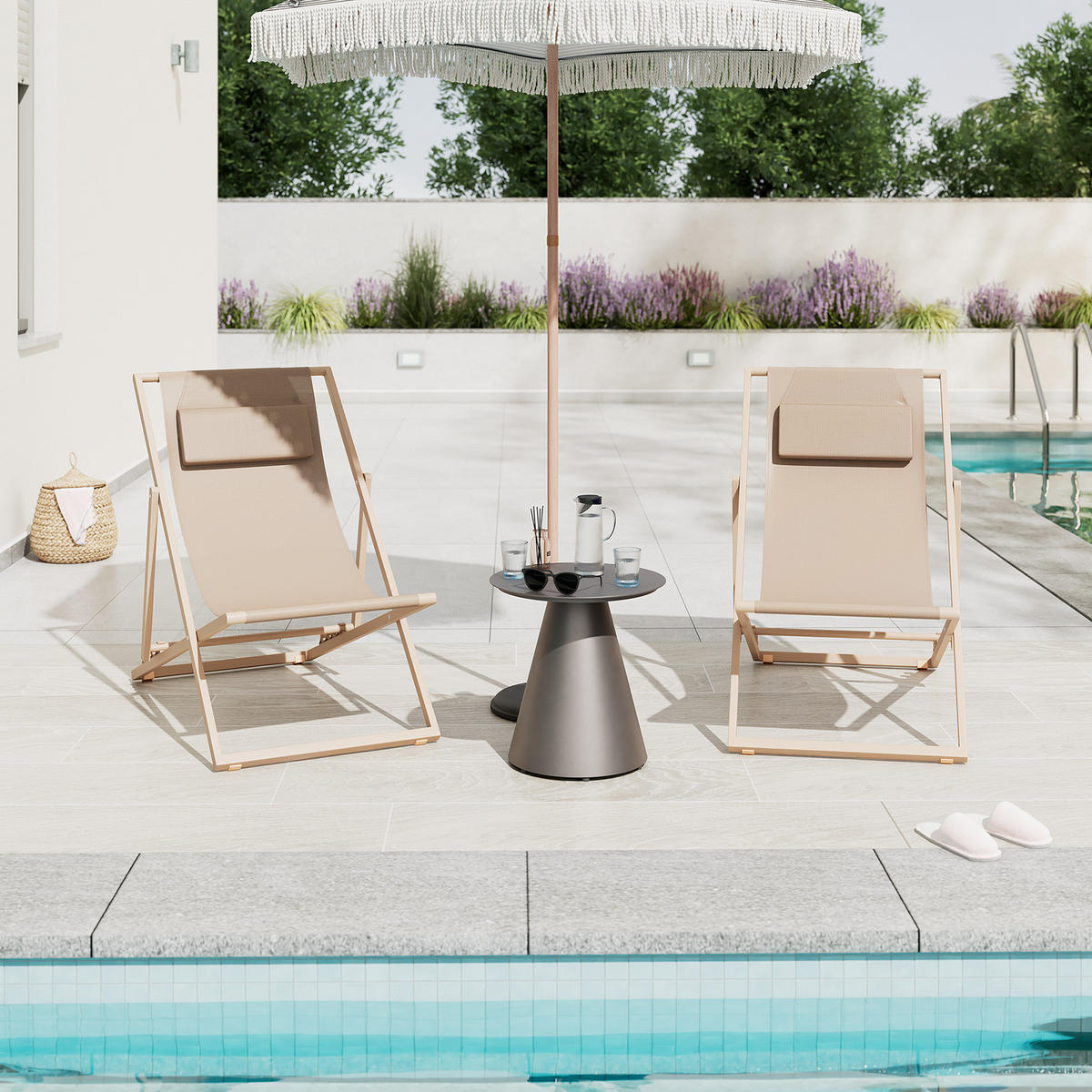 LIEGESTUHL - Stahl / Polyrattan - 2er-Set - Beige, Textil/Metall (63/93/104cm) - home24