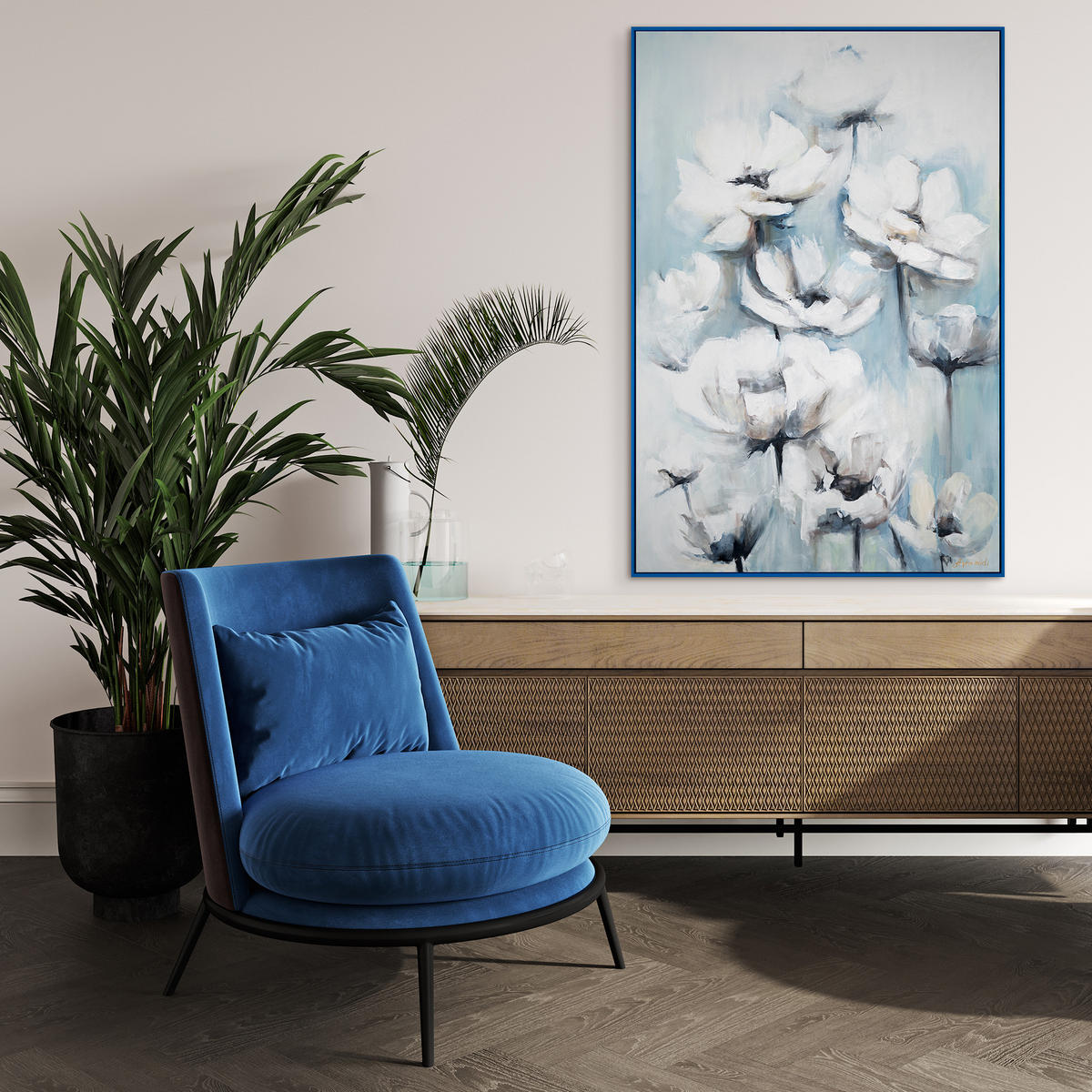 GEMÄLDE Blumige Zärtlichkeit Schattenfugenrahmen Blau 140x100 cm - Blau, Holz (140/100cm) - YS-art gallery