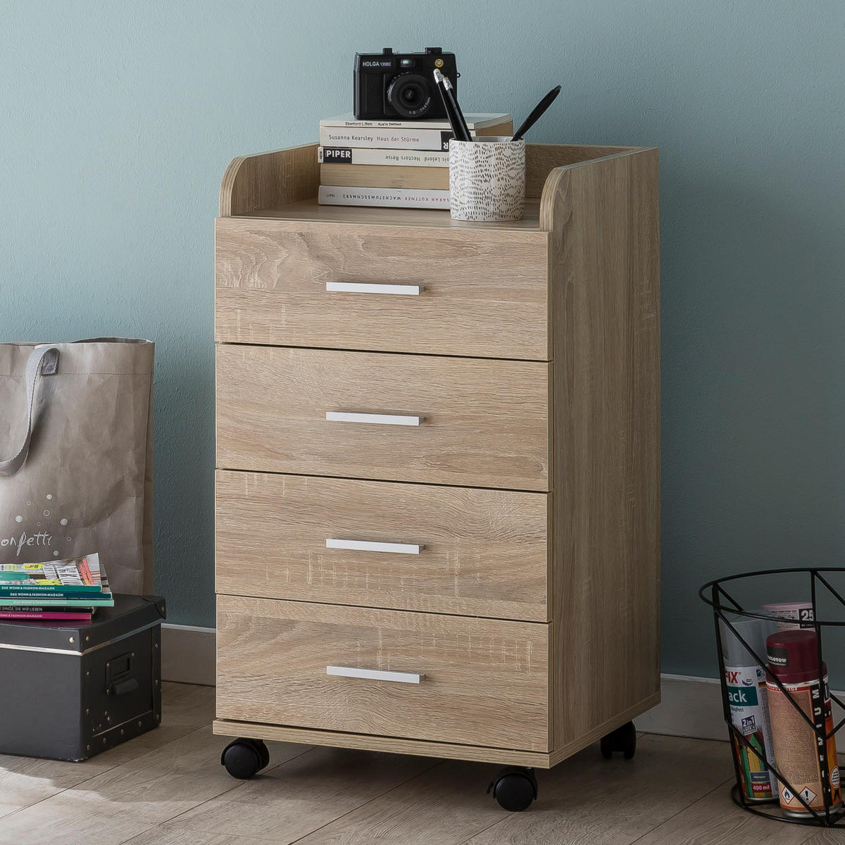 ROLLCONTAINER 4 Schubladen Ablage Melaminbeschichtet ISONZO, Beige 40x33x71 cm - Beige/Schwarz, Holz/Kunststoff (40/71/33cm) - KADIMA DESIGN