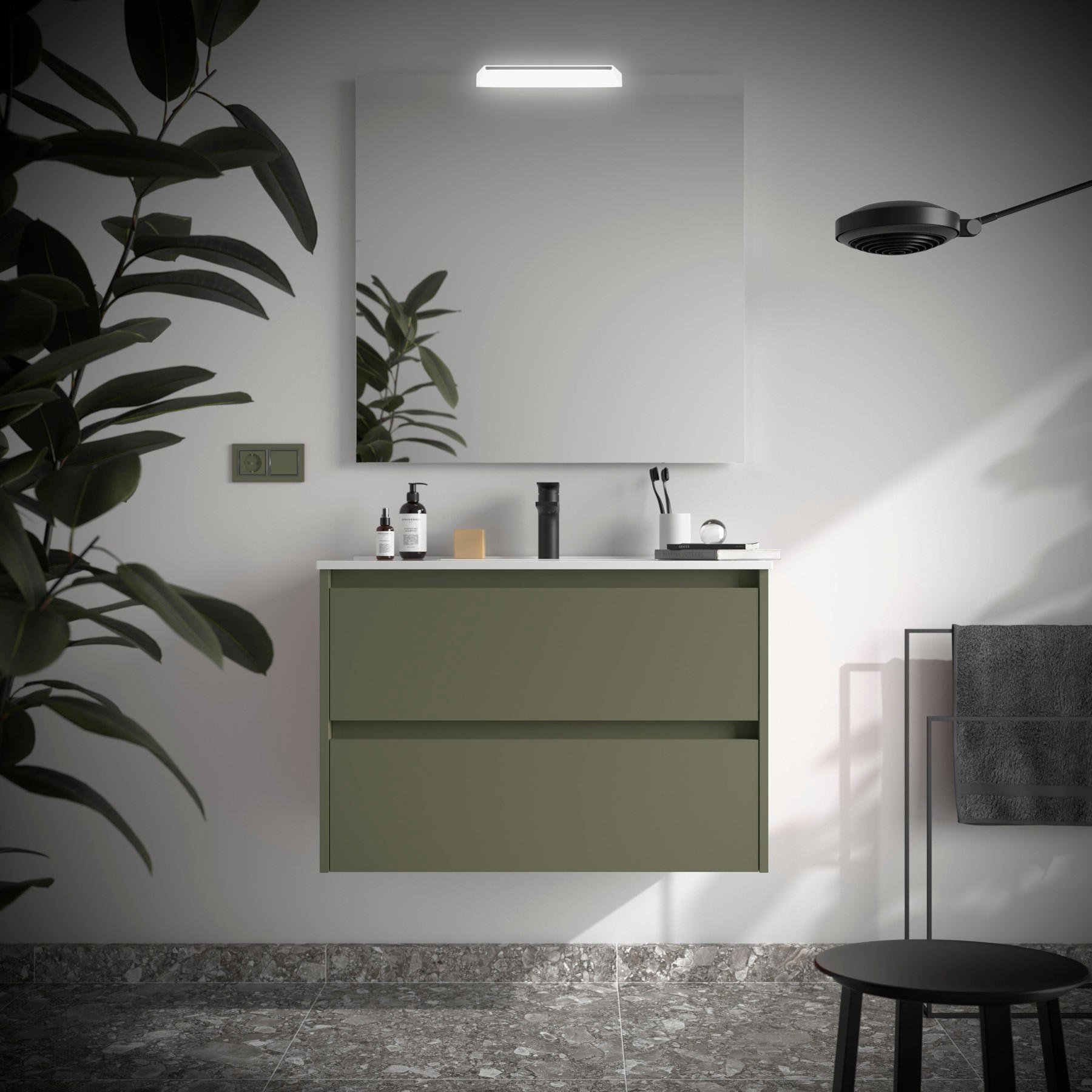 BADEZIMMERMÖBEL NOJA 900 2 Schubladen GREEN SATIN + Waschtisch + Spiegel - Schwarz, Metall (45/54/90cm) - Salgar