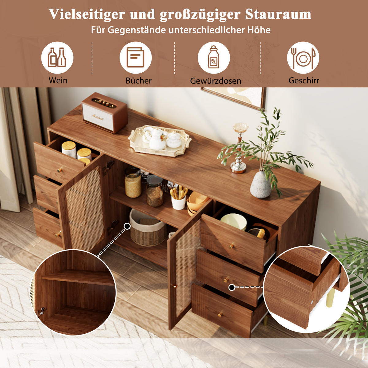SIDEBOARD 160/40/90 cm holzfarben aus MDF mit Rattantüren - Eichefarben, Holzwerkstoff (160/90/40cm) - OKWISH