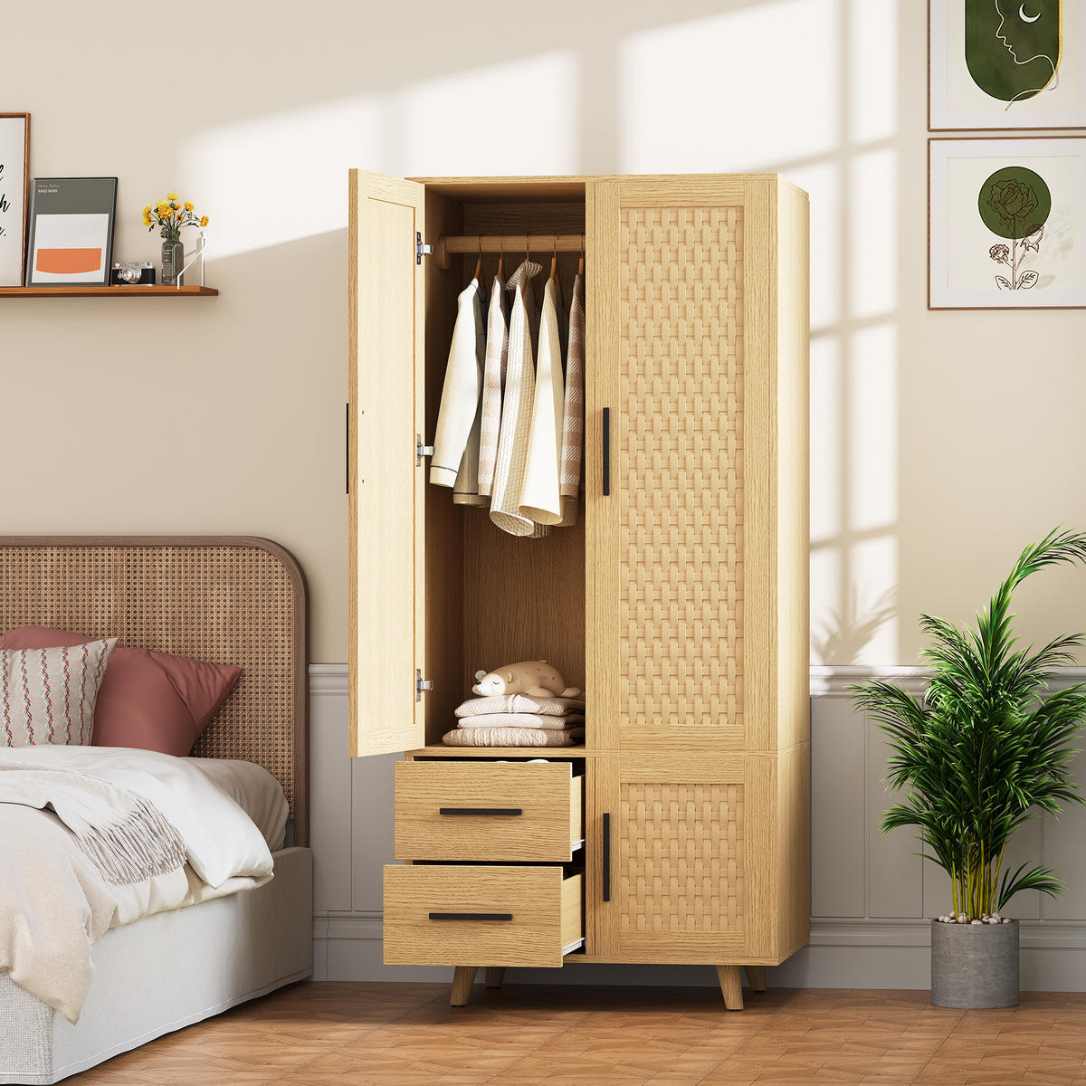 KLEIDERSCHRANK aus Rattan in Eichefarben, 2 Schubladen, integrierte Kleiderstange - Eichefarben, Holz (80/166/52cm) - EuroLiving