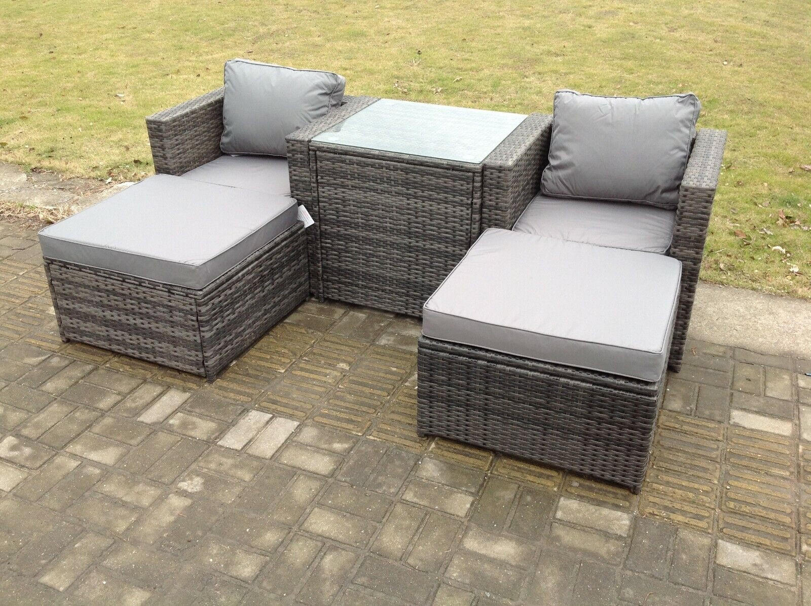 GARTENSOFA SET Polyrattan 4-Sitzer - Dunkelgrau/Grau, Glas/Kunststoff - Fimous