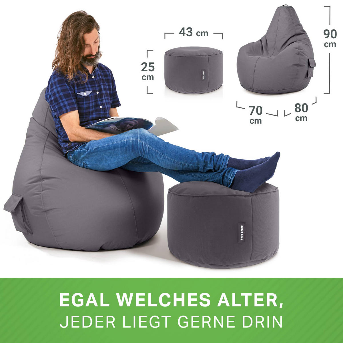 SITZSACK + Hocker "Cozy+Stay" 2er Set - Anthrazit, Textil (70/90/80cm) - Green Bean