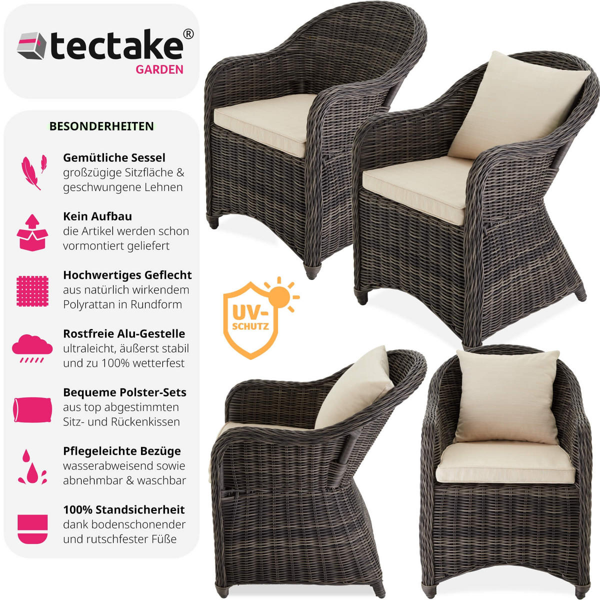 RATTANSESSEL 4er Set, 71 x 60 x 84 cm,grau - Grau, Kunststoff (60/84/71cm) - tectake