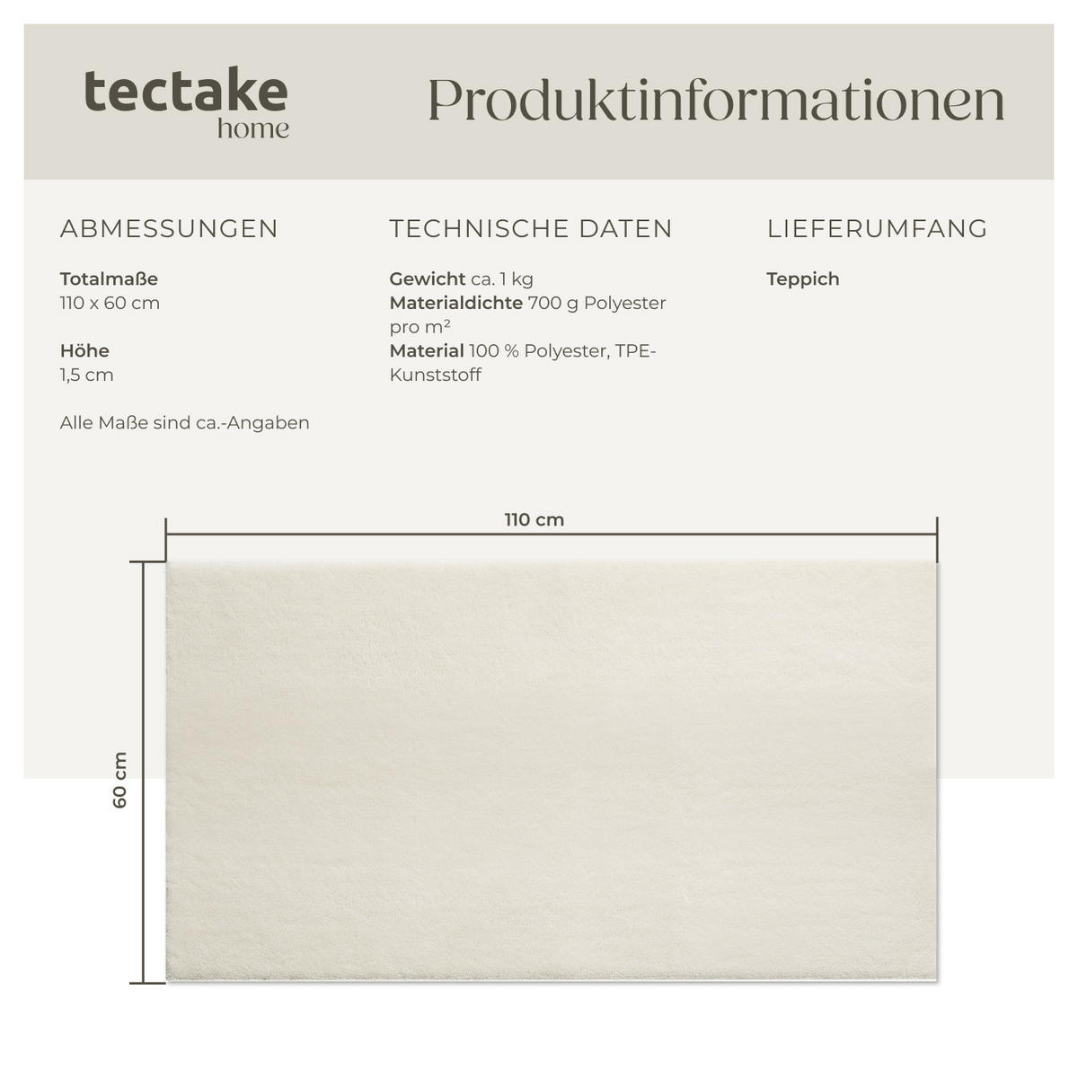 KURZFLORTEPPICH Soft Zone,rutschfeste Unterseite,creme - Creme, Kunststoff (110/60cm) - tectake