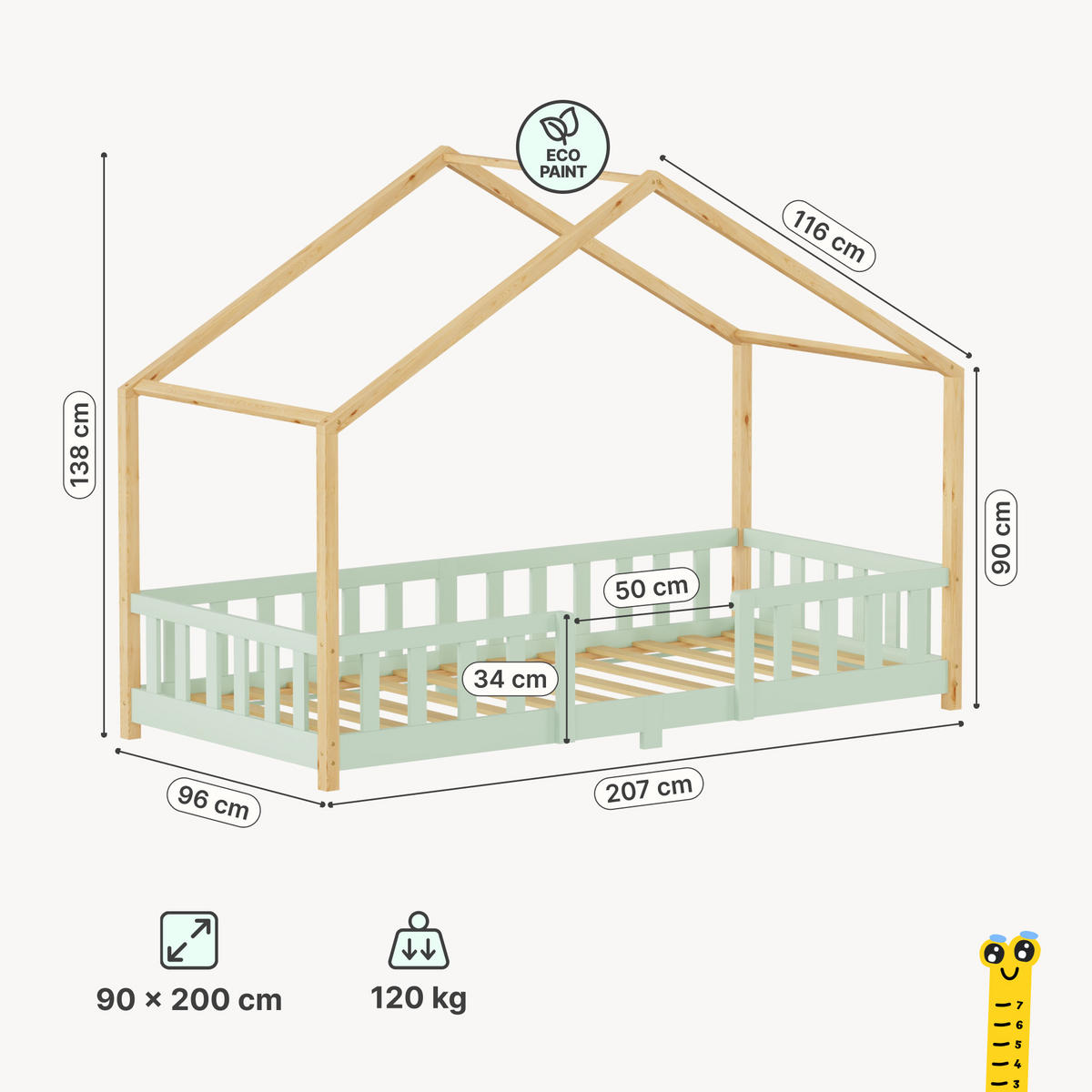 HAUSBETT Treviolo - Naturfarben/Mintgrün, Holz (90/200cm) - [en.casa]