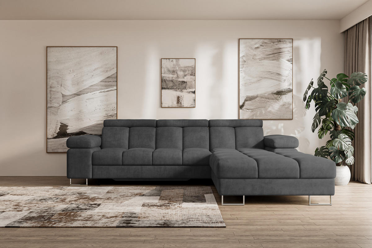 ECKSOFA mit Schlaffunktion Ottomane Rechts COMA L 271x203x79 Dunkelgrau Velours - Dunkelgrau, Holzwerkstoff/Textil (203/271cm) - ALTDECOR
