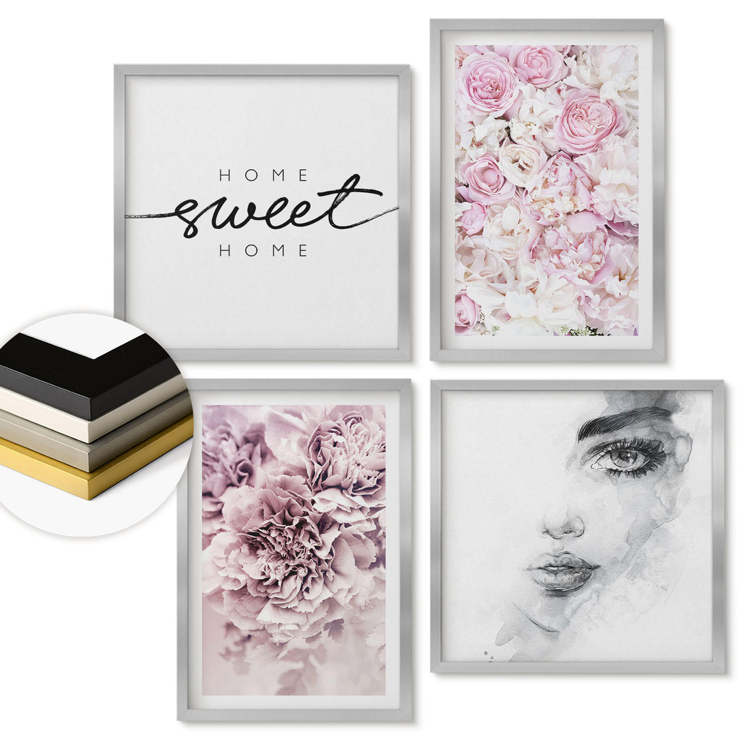 WANDBILDER 4er Set - 50x50 cm & 40x60 cm Silberner Rahmen - Pfingstrosenporträt einer Frau zu Hause - Silberfarben, Kunststoff (50/50cm) - ArtPrintCave