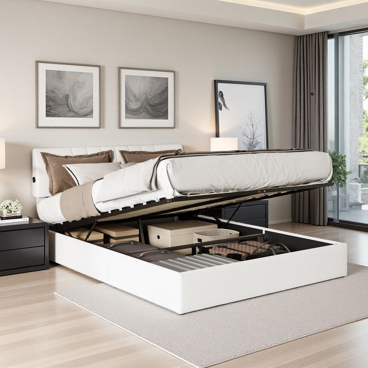 POLSTERBETT 160x200 cm USB Steckdose Hydraulik Stauraum Samt weiß - Beige, Holz (160/200cm) - LEBENLANG