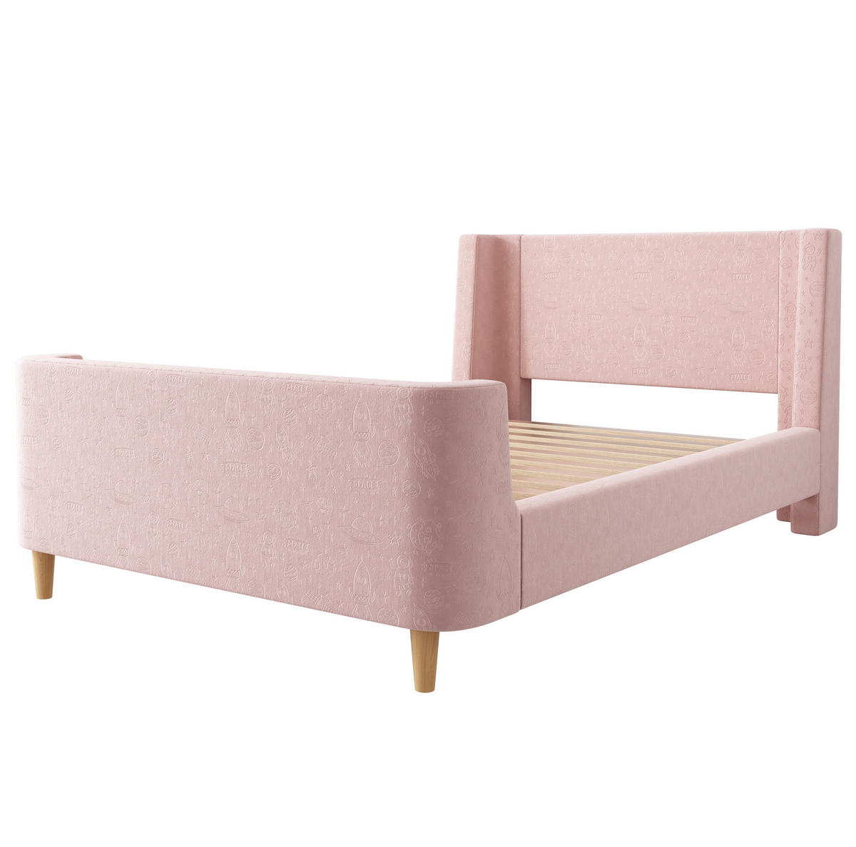 KINDERBETT 90/200 cm in Rosa aus Samt mit Weltraummuster und Schlittenbett-Design - Rosa, Textil (90/200cm) - Flora Grace