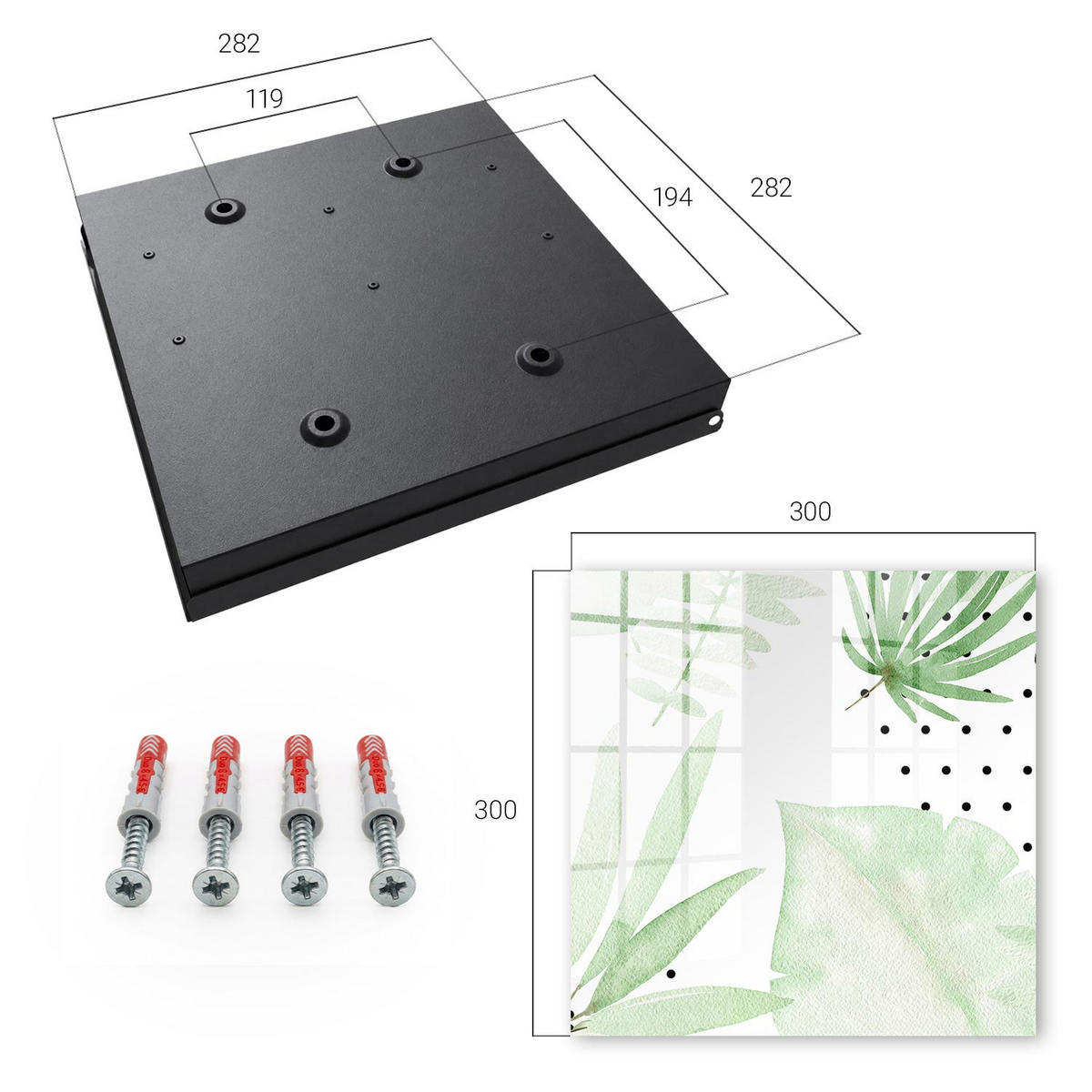 SCHLÜSSELBOX Schwarz 30x30 cm- Türöffnung nach rechts - Grüne Blätter - Weiß, Metall (30/30/5cm) - TULUP
