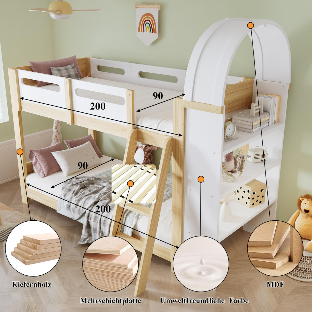 ETAGENBETT aus Kiefer und MDF 90x200 cm Weiß/Natur mit 3-stufigem Regal, Trittleiter und Bettgitter - Naturfarben, Holzwerkstoff (90/200cm) - Modfu