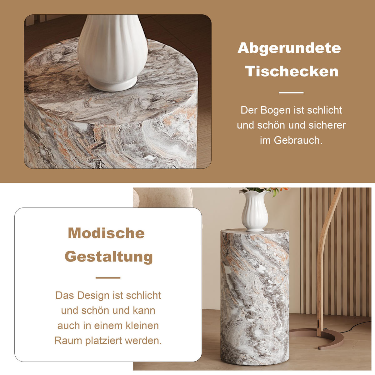 COUCHTISCH rund 30/30/55 cm Grau in Marmoroptik aus MDF wasserabweisend - Grau, Holzwerkstoff (30/30/55cm) - OKWISH